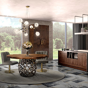 APIS Dining Table, DALYAN II Dining Chair, DALYAN II Counter Stool,  HUANG Cabinet, HORUS Irregular Suspension Light